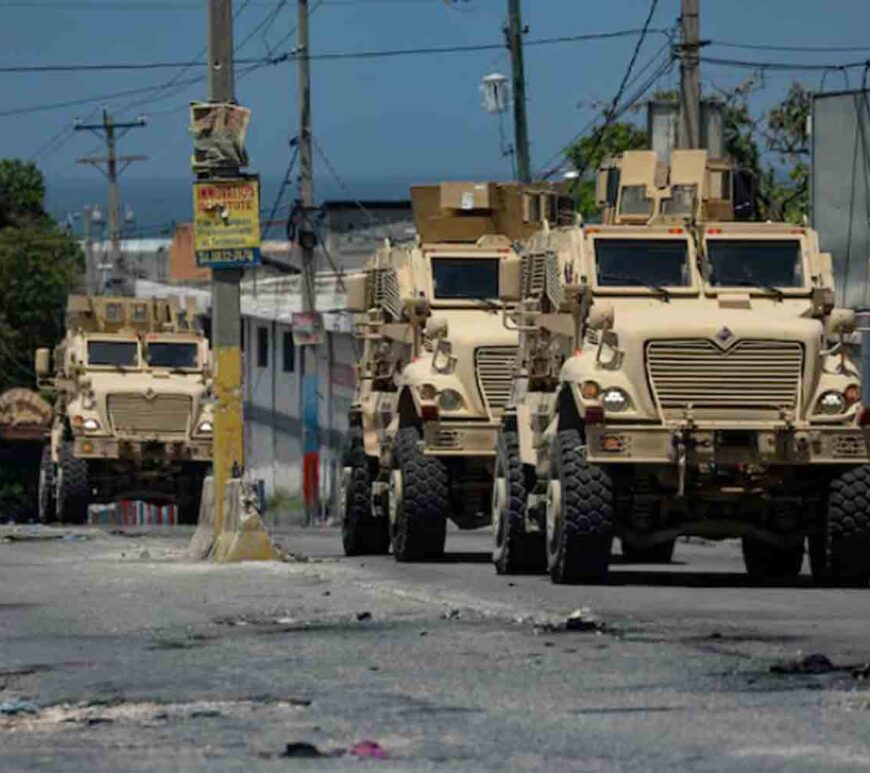 Kenyan police forces patrol a neighbourhood in Port-au-Prince, Haiti.