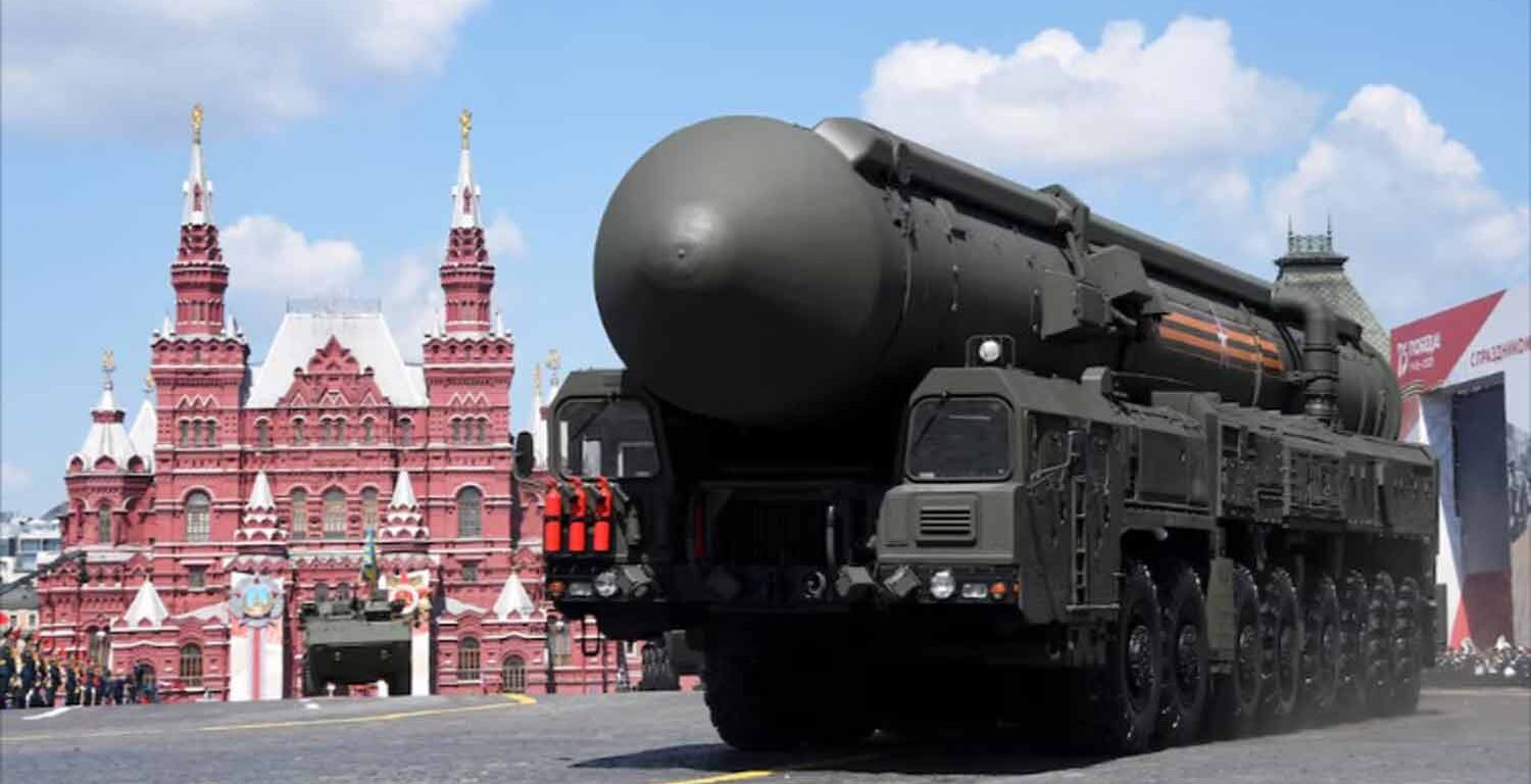 Yars intercontinental ballistic missile systems drive in Red Square during a parade on Victory Day