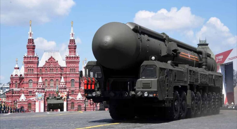 Yars intercontinental ballistic missile systems drive in Red Square during a parade on Victory Day