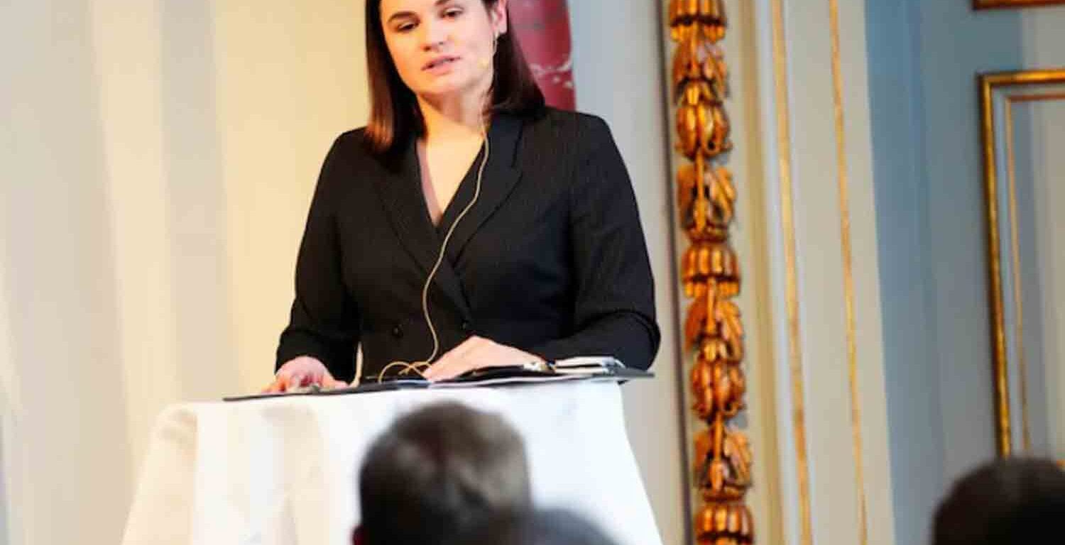 The leader of the Belarusian democracy movement, Sviatlana Tsikhanouskaya speaks on the day she receives the 'European of the Year' prize at the National Museum of Denmark in Copenhagen, Denmark.