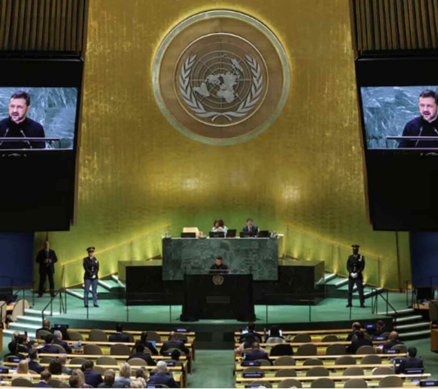 Ukraine's President Volodymyr Zelenskiy addresses the 79th United Nations General Assembly at U.N. headquarters in New York