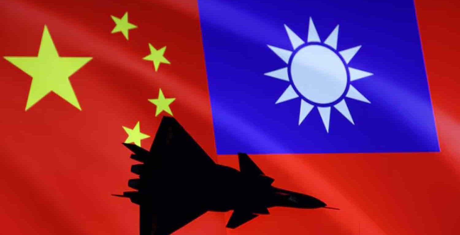 Airplane is seen in front of Chinese and Taiwanese flags in this illustration.