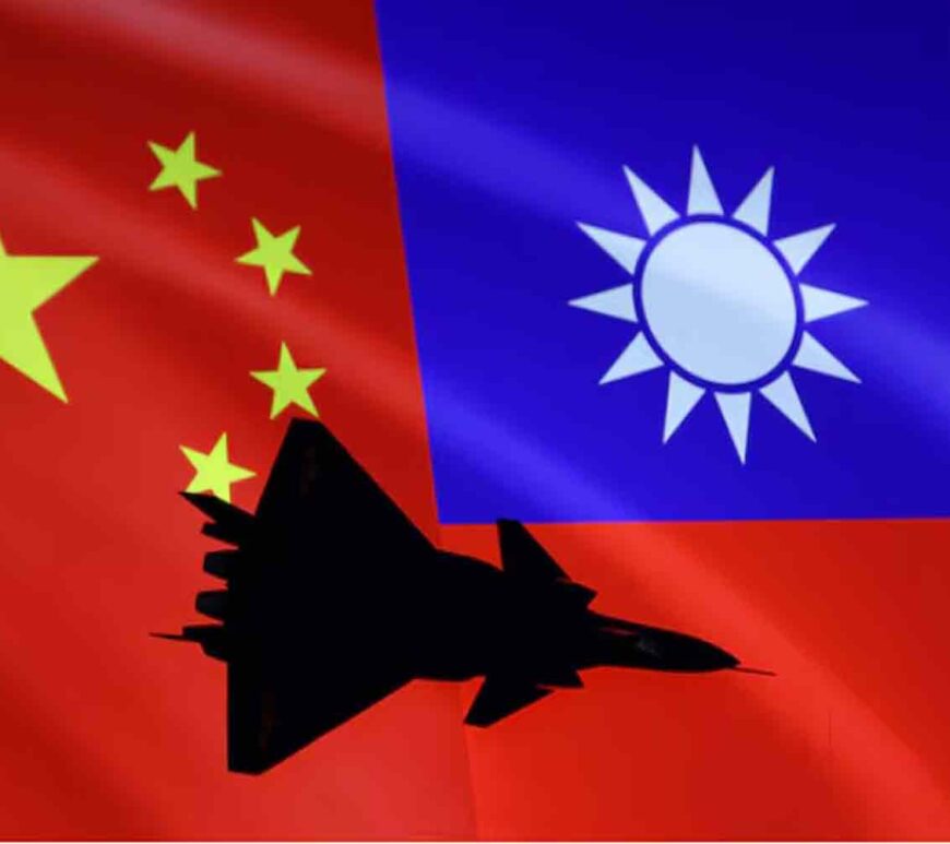 Airplane is seen in front of Chinese and Taiwanese flags in this illustration.