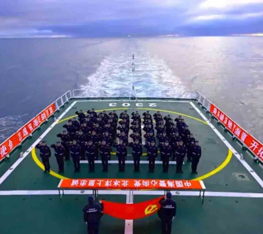 Members of the China Coast Guard stand in formation during a joint patrol with Russia that China says entered the Arctic Ocean.