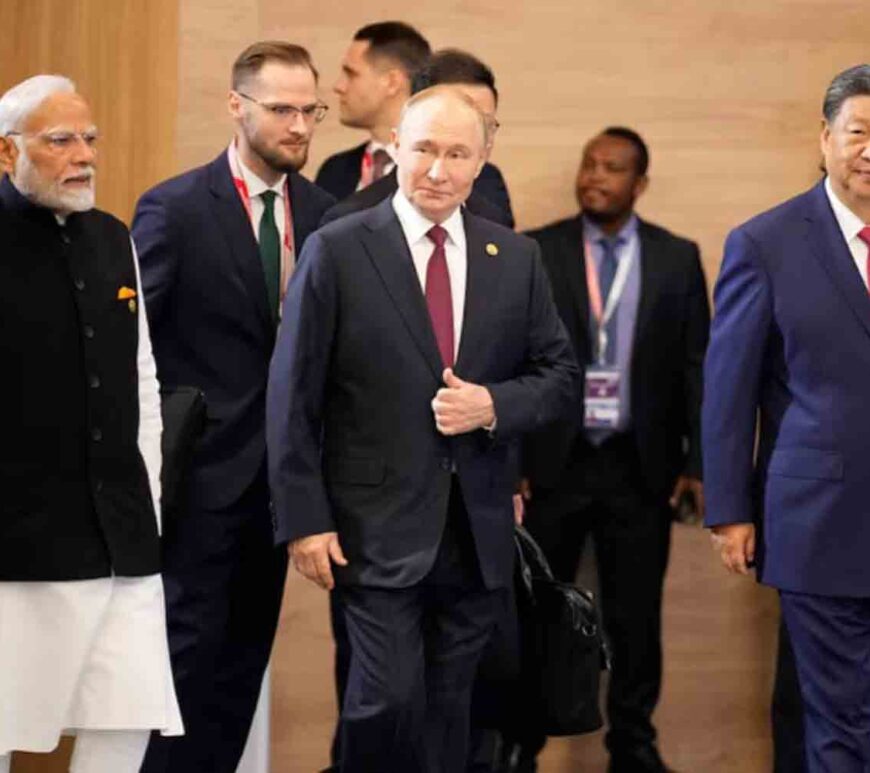 Indian Prime Minister Narendra Modi, Russian President Vladimir Putin and Chinese President Xi Jinping attend a family photo ceremony prior to the BRICS Summit plenary session in Kazan, Russia.