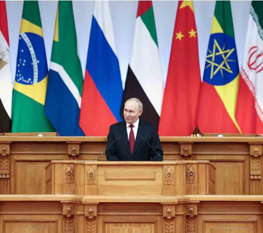 Russian President Vladimir Putin speaks at the BRICS Parliamentary Forum in Saint Petersburg, Russia