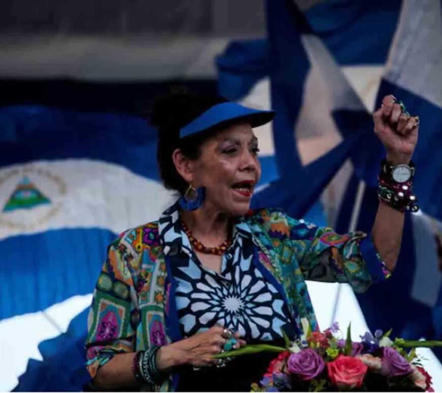 Nicaraguan Vice-President Rosario Murillo sings revolutionary songs during a march called "We walk for peace and life. Justice" in Managua, Nicaragua.