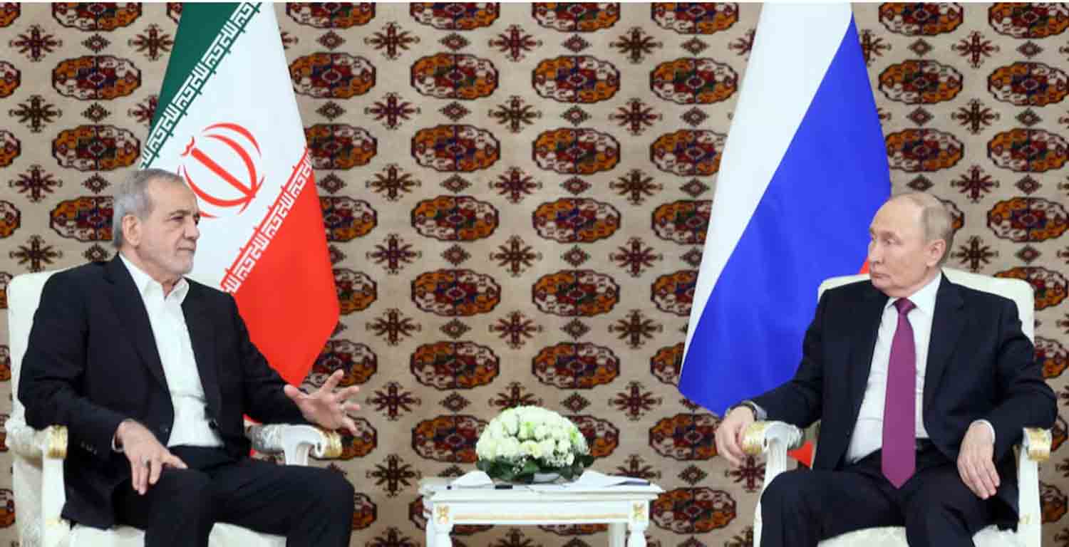 Russian President Vladimir Putin meets Iranian counterpart Masoud Pezeshkian on the sidelines of a cultural forum dedicated to the 300th anniversary of the birth of the Turkmen poet and philosopher Magtymguly Fragi, in Ashgabat, Turkmenistan.