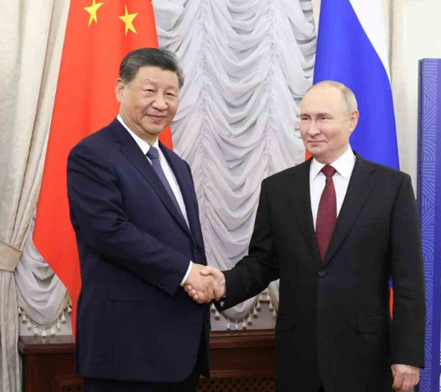 Chinese President Xi Jinping meets with Russian President Vladimir Putin in Kazan, Russia.