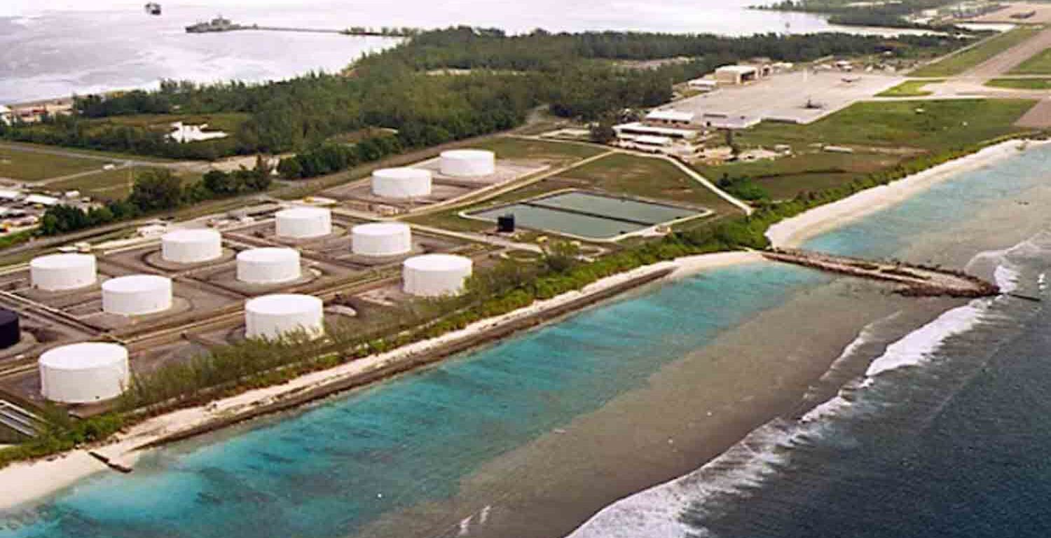 Fuel tanks at the edge of a miltary airstrip on Diego Garcia, largest island in the Chagos archipelago