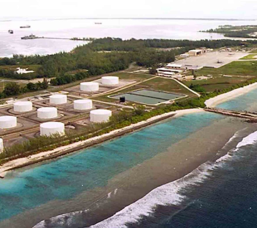 Fuel tanks at the edge of a miltary airstrip on Diego Garcia, largest island in the Chagos archipelago