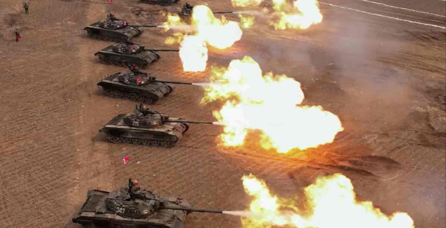 A military demonstration involving tank units, guided by North Korean leader Kim Jong Un (not pictured), is held in North Korea