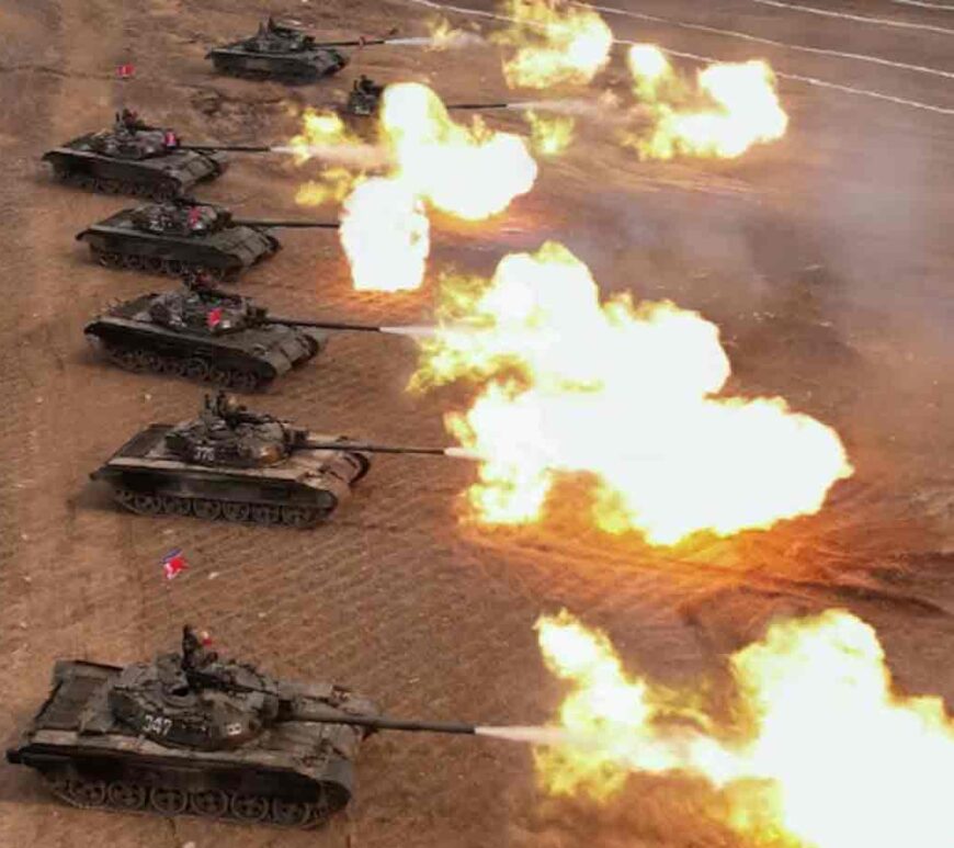 A military demonstration involving tank units, guided by North Korean leader Kim Jong Un (not pictured), is held in North Korea