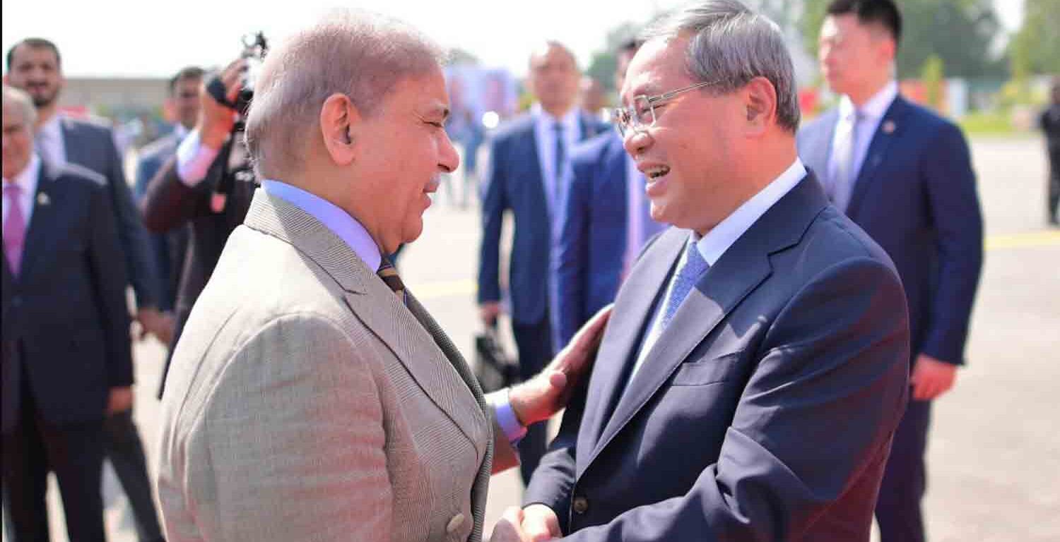 PM Shehbaz Sharif greets Chinese Premier Li Qiang as he arrives in Rawalpindi on Oct 14, 2024 on a four-day bilateral visit.