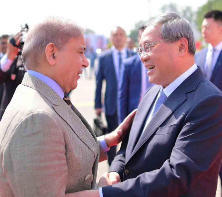 PM Shehbaz Sharif greets Chinese Premier Li Qiang as he arrives in Rawalpindi on Oct 14, 2024 on a four-day bilateral visit.