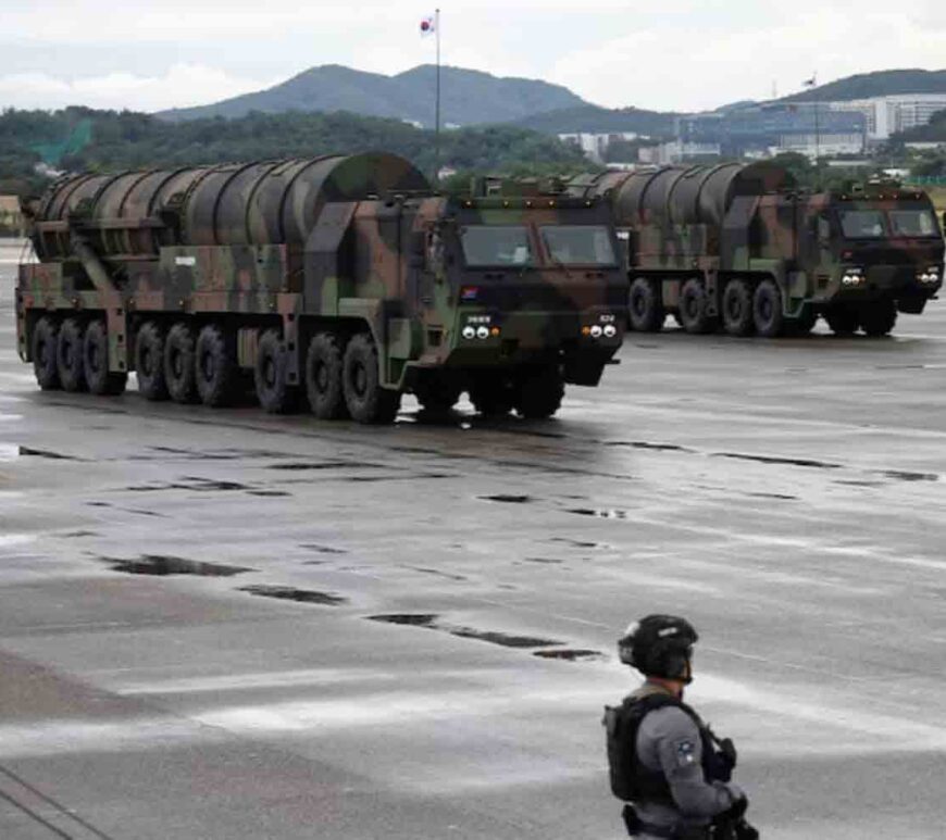 The Hyunmoo, surface-to-surface missile, march during a celebration to mark 76th anniversary of Korea Armed Forces Day, in Seongnam, South Korea