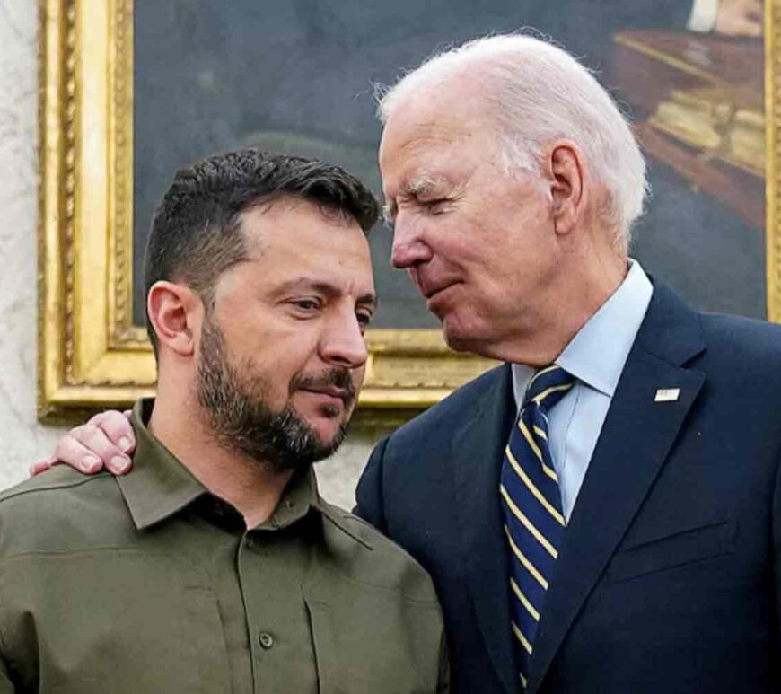 Ukrainian President Volodymyr Zelenskiy is embraced by U.S. President Joe Biden in the Oval Office of the White House in Washington.