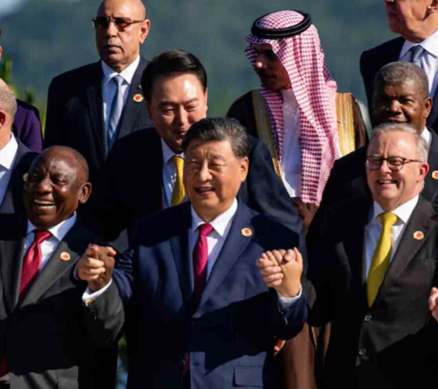 Cyril Ramaphosa, Chinese President Xi Jinping, and Australian Prime Minister Anthony Albanese, pose with other G20 leaders during an event launching the Global Alliance Against Hunger and Poverty at the G20 Summit at the Museum of Modern Art in Rio de Janeiro, Brazil.