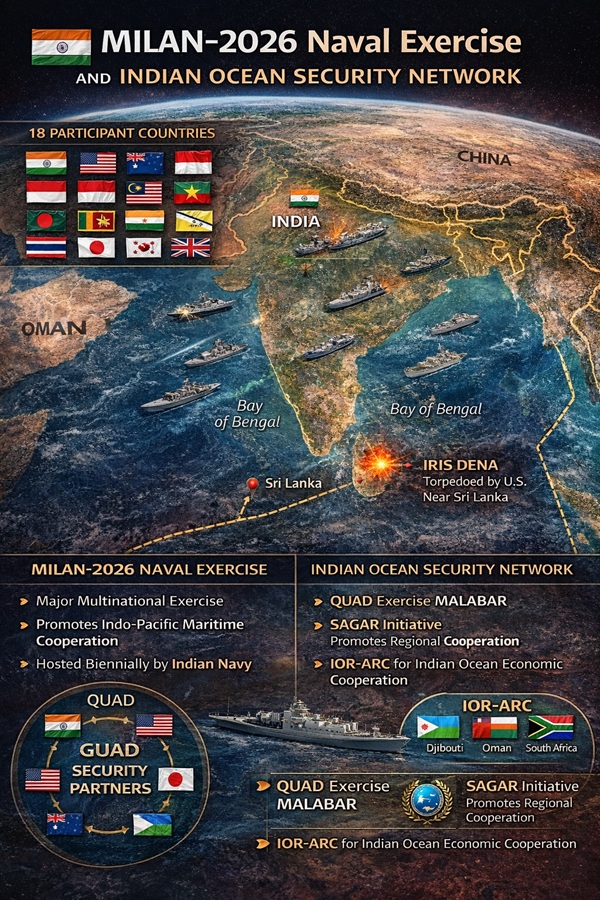 Infographic: MILAN-2026 naval exercise participants and Indian Ocean security network